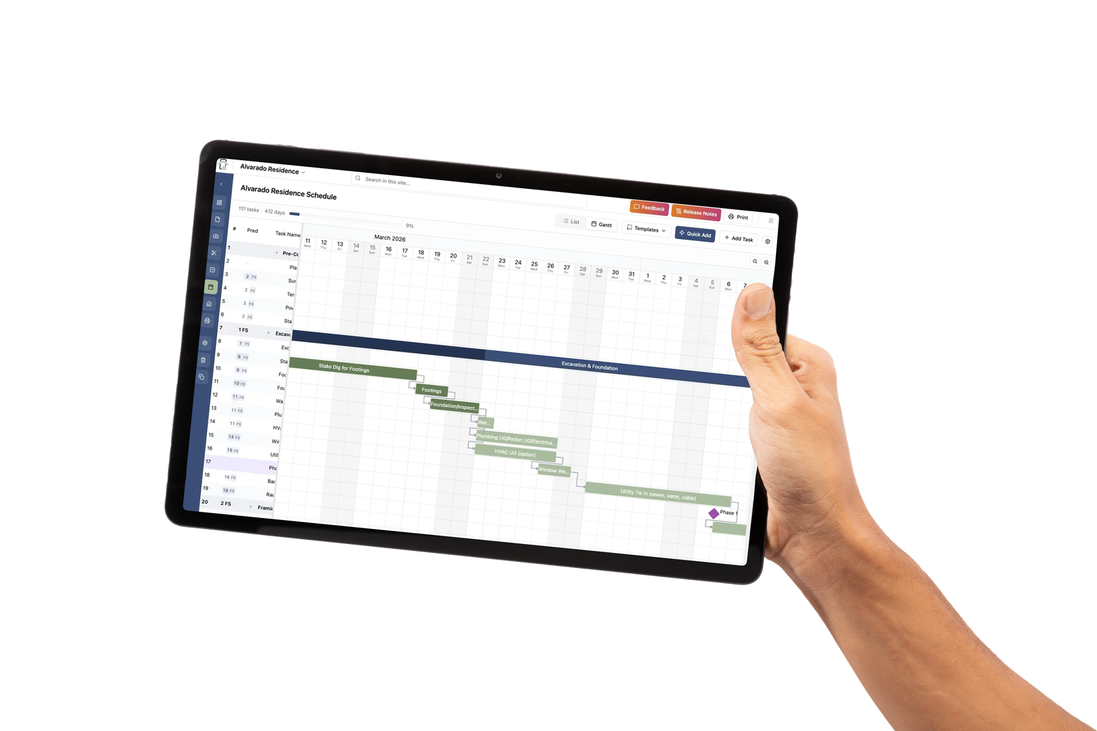 The corabuild.ai project schedule shown as a Gantt chart on an iPad